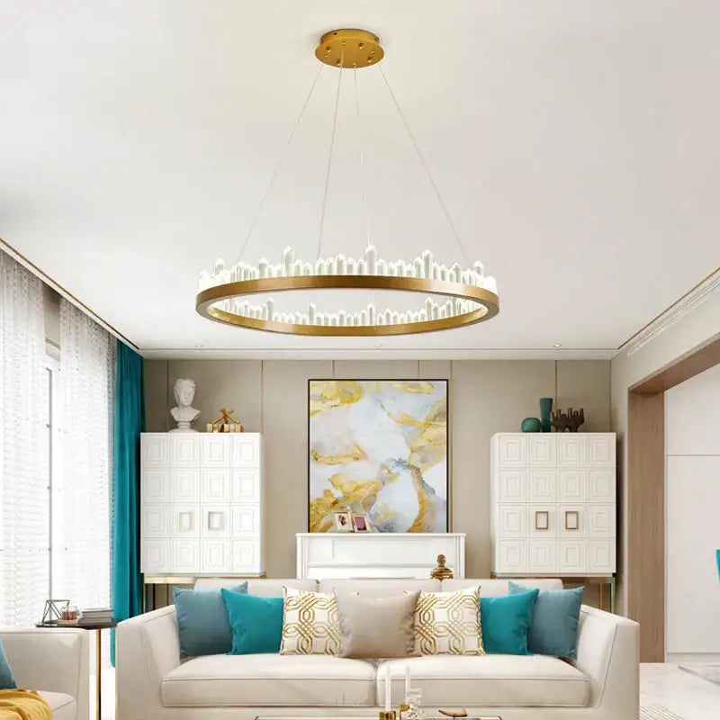 Modern black crystal led pendant light with gold-toned circular design and white illuminated led elements for pendant lights decorbites crystal led
