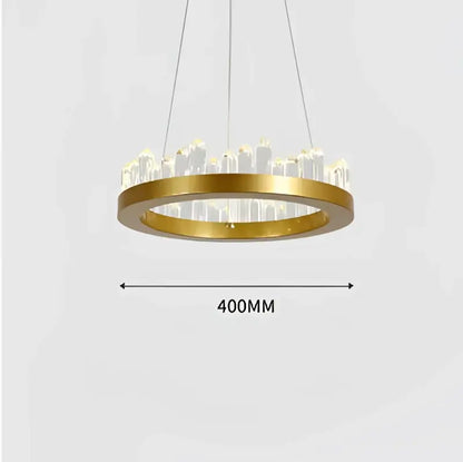 Modern black crystal led pendant light with gold-toned circular frame and integrated led bulbs measuring 400mm across
