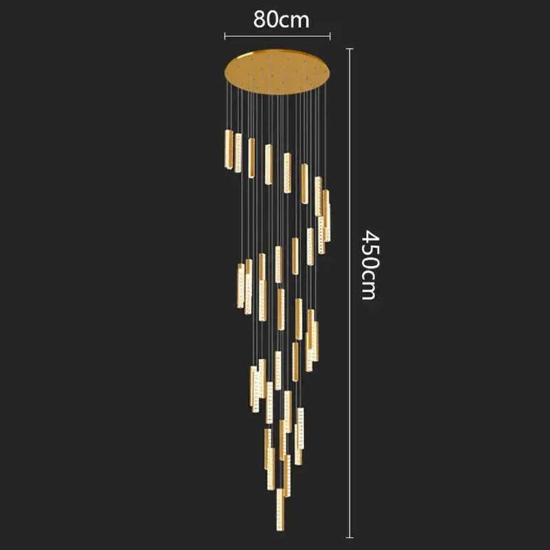 Modern black crystal pendant light with gold-toned circular mount and cascading cylindrical led pendant light fixture