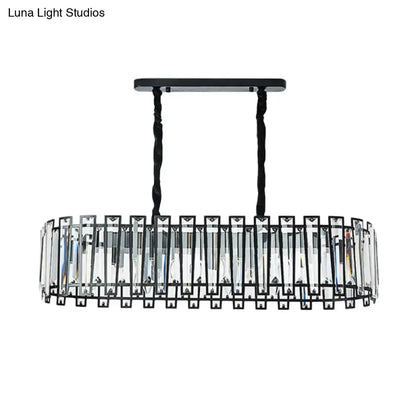 Modern black crystal prism island pendant dining room light with clear crystal bars and twisted black cords