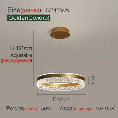 Modern black crystal ring led pendant light with a golden circular textured crystal ring and metallic finish for bedroom decorbites pendant light