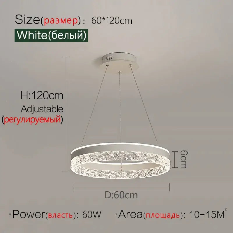 Modern black crystal ring led pendant light featuring a white circular led chandelier with textured decorbites crystal ring design
