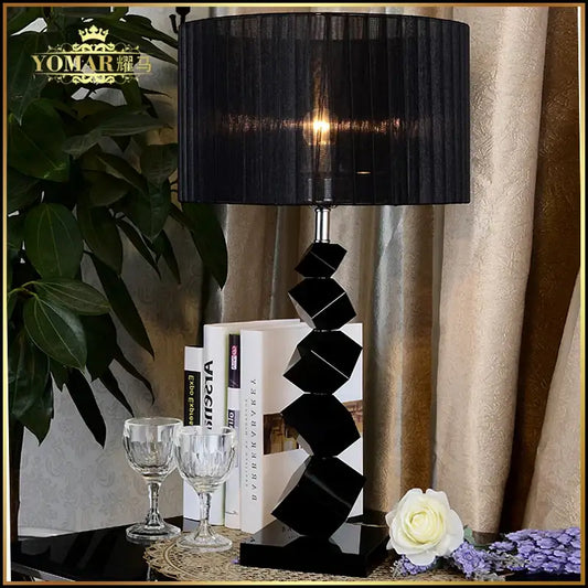 Modern black crystal table lamp with geometric design and pleated fabric shade for bedroom decorbites black crystal table lamp