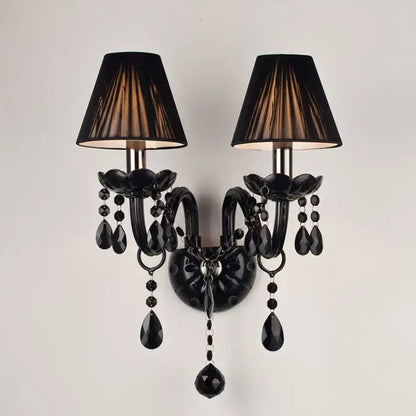 Elegant modern black crystal wall lamp with two lampshades and dangling teardrop beads pendant light decorbites crystal wall