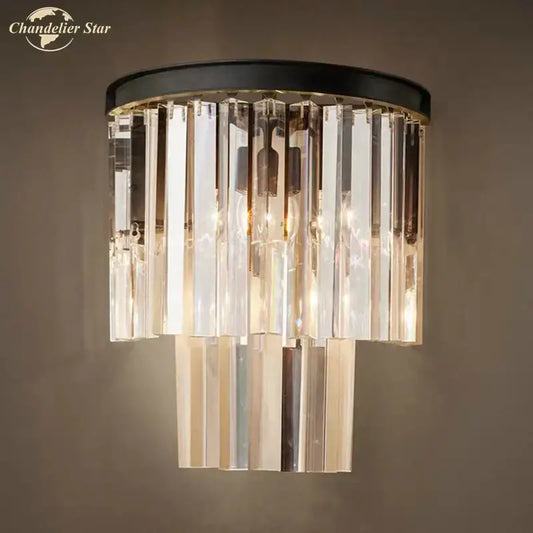 Modern black crystal wall lamp featuring cascading clear and smoked glass prisms for elegant bedroom decorbites wall lamp