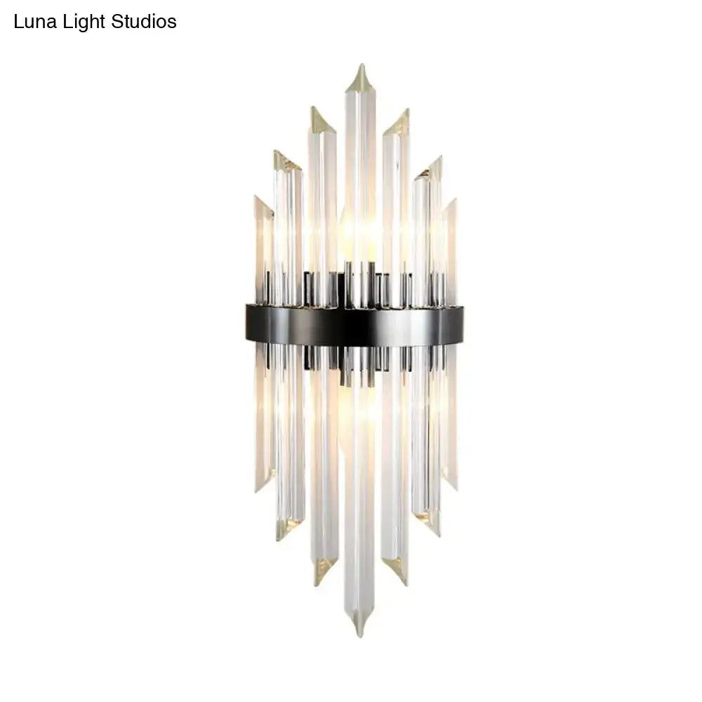 Modern black crystal wall lamp with clear prisms and chrome accents in sleek black color for living room lighting
