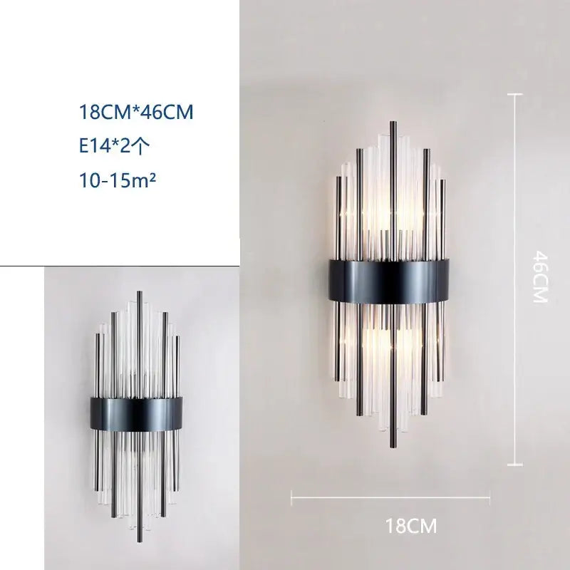 Modern black crystal wall lamp with clear glass and vertical rods for elegant living room decorbites crystal wall sconce