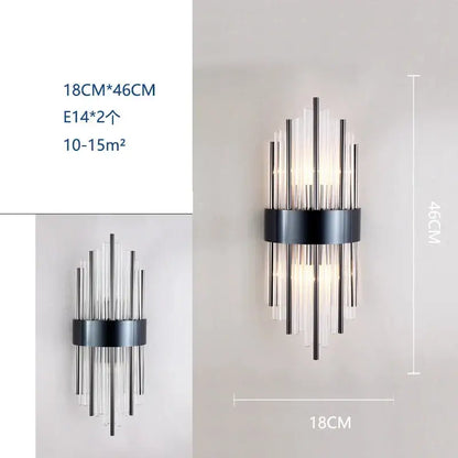 Modern black crystal wall lamp with clear glass and vertical rods for elegant living room decorbites crystal wall sconce