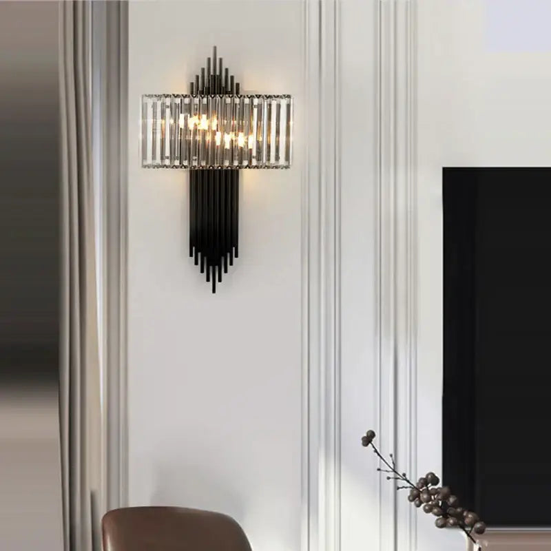 Modern black crystal wall lamp with clear vertical glass rods suitable for living room decorbites crystal wall lamp