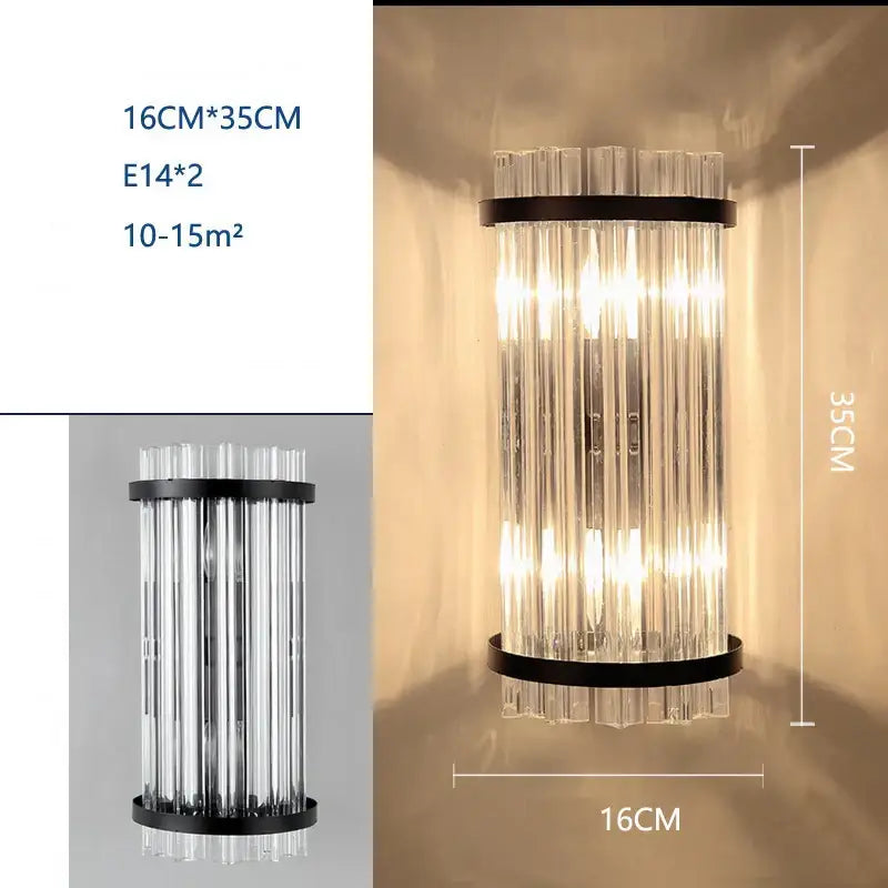 Modern black crystal wall lamp with clear glass tubes and black metal frame for stylish living room decorbites crystal wall use