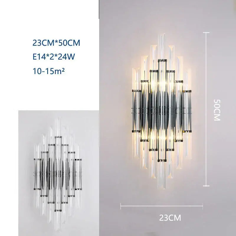 Modern black decorbites crystal wall lamp with clear acrylic rods and chrome frame illuminated by two e14 bulbs