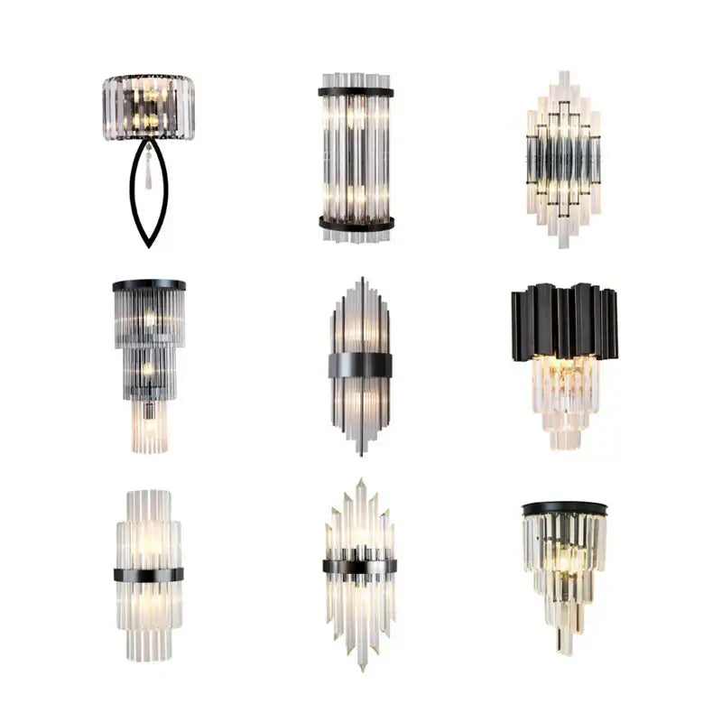 A collection of modern black crystal wall lamps with clear glass prisms and metal frames for elegant decorbites crystal wall decor