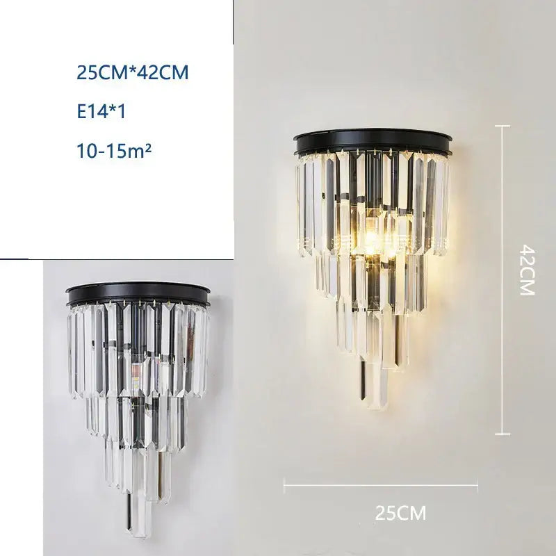 Modern black wall lamp with cascading clear crystal prisms decorbites crystal wall lamp for living room decor