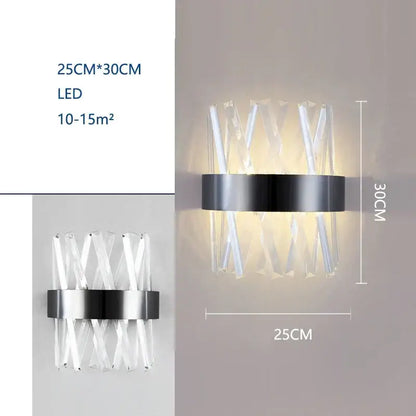 Modern black crystal wall lamp featuring a sleek metal band and clear rods in an x-pattern for living room decorbites crystal wall lamp