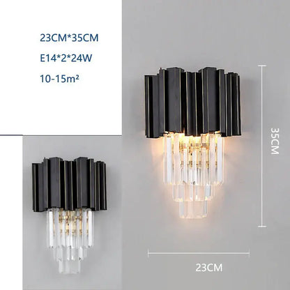 Modern black crystal wall lamp with clear glass prisms and tiered vertical bars for elegant decorbites crystal wall decor