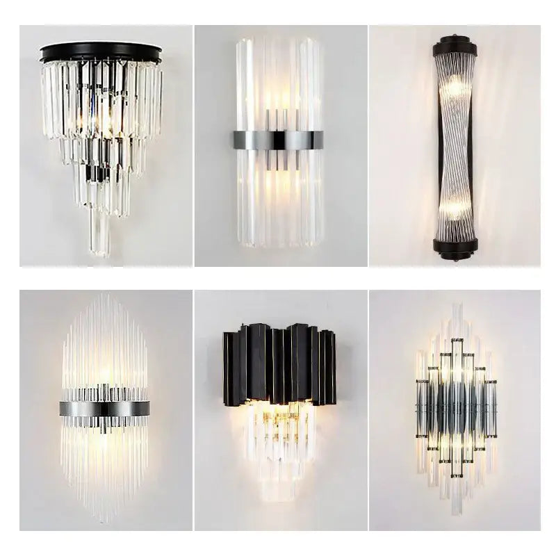 Modern black crystal wall lamp with clear glass tubes and metallic accents in silver for living room decorbites crystal wall lamp
