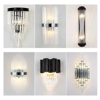 Modern black crystal wall lamp with clear glass tubes and metallic accents in silver for living room decorbites crystal wall lamp