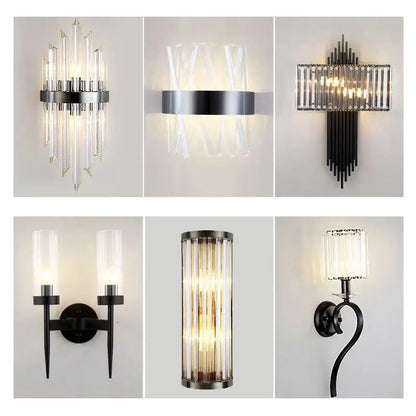 Modern black crystal wall lamp with clear glass prisms and brushed nickel or black metal frame for living room decorbites crystal wall lamp