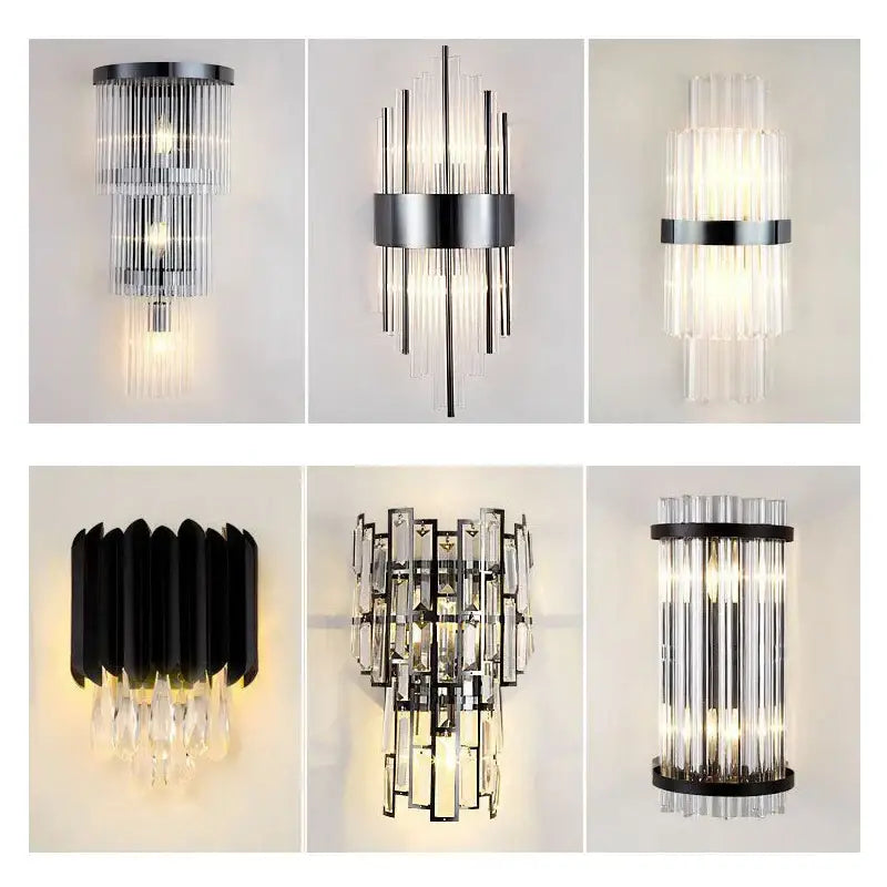 Modern black crystal wall lamp with sleek metallic frame and cascading glass tubes ideal for living room decorbites crystal wall