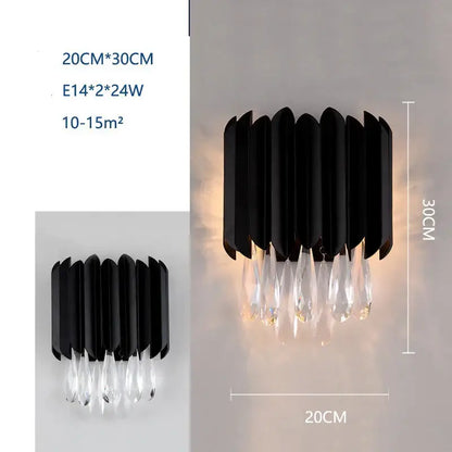 Modern black crystal wall lamp with segmented design and clear crystal droplets for elegant living room decorbites crystal wall use