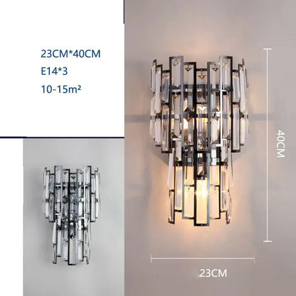 Modern black crystal wall lamp with sleek metal frame and cascading clear glass prisms decorbites crystal wall decorbites crystal wall lamp