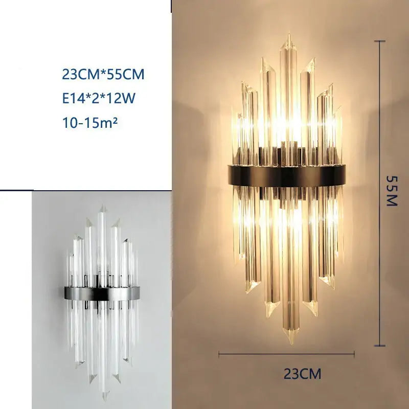 Modern black crystal wall lamp with sleek metal ring and clear glass prisms for living room decorbites crystal wall lamp