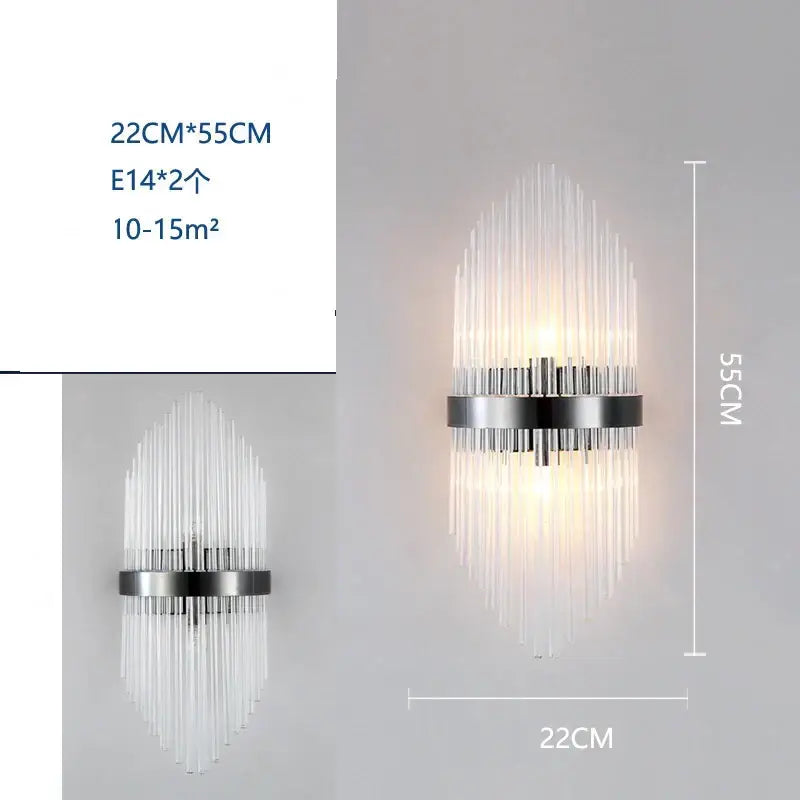 Modern black crystal wall lamp with sleek chrome frame and cascading clear glass rods for elegant wall lamp decorbites crystal wall