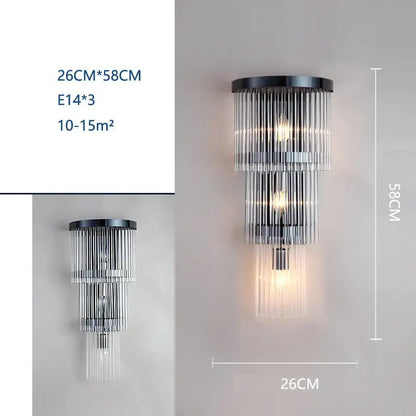 Modern black crystal wall lamp featuring a tiered black metal frame with cascading clear glass rods for elegant decorbites crystal wall lighting