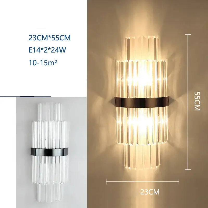 Modern black crystal wall lamp featuring vertical glass rods and a sleek metallic band for elegant decorbites crystal wall lighting