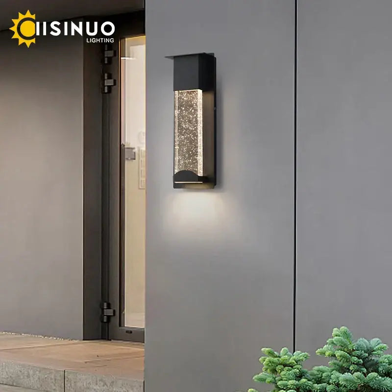 Modern black crystal wall light with pir motion sensor features a sparkling textured glass panel for outdoor use