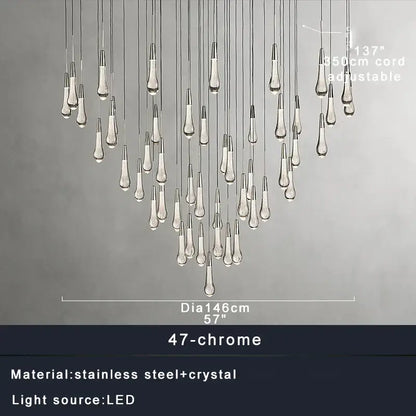 Modern black chandelier light fixture with 47 chrome teardrop crystal pendants suspended on stainless steel cords by decorbites crystal