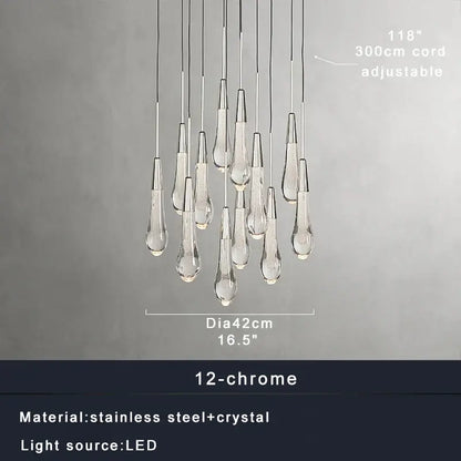 Modern black chandelier light fixture with 12 teardrop crystal pendants on chrome stainless steel frame by decorbites crystal
