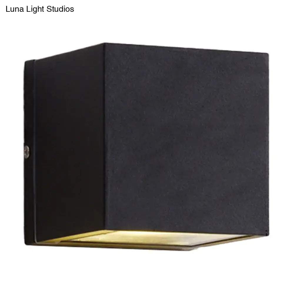 Modern black matte cube wall sconce with warm bottom glow for outdoor use 110v-120v and 220v-240v compatible