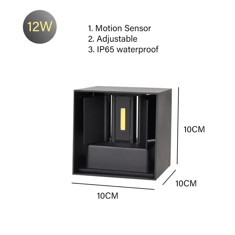 Modern black cube wall lamp with 12w motion sensor led, adjustable angle, and ip65 waterproof rating for outdoor use