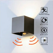 Modern black cube motion sensor led wall lamp designed for outdoor use with waterproof features and sleek design