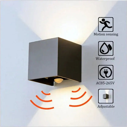Modern black cube motion sensor led wall lamp designed for outdoor use with waterproof features and sleek design