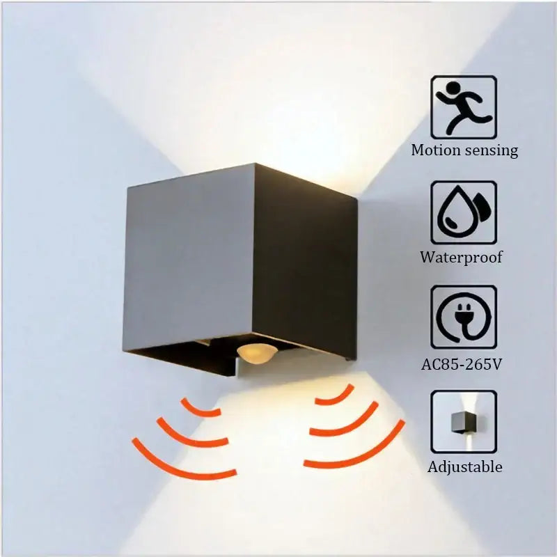 Modern black cube motion sensor led wall lamp designed for outdoor use with waterproof features and sleek design