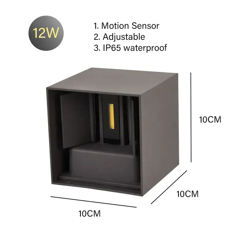 A sleek matte black 12w square outdoor wall lamp with motion sensor led and ip65 waterproof rating