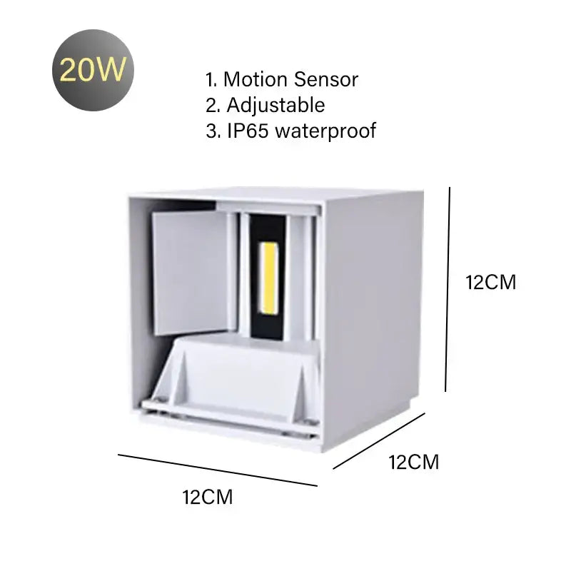 Modern black cube motion sensor led wall lamp with white 20w adjustable motion sensor led and ip65 waterproof design