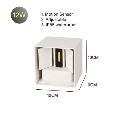 White 12w square motion sensor led wall lamp with adjustable angle and ip65 waterproof rating for outdoor use