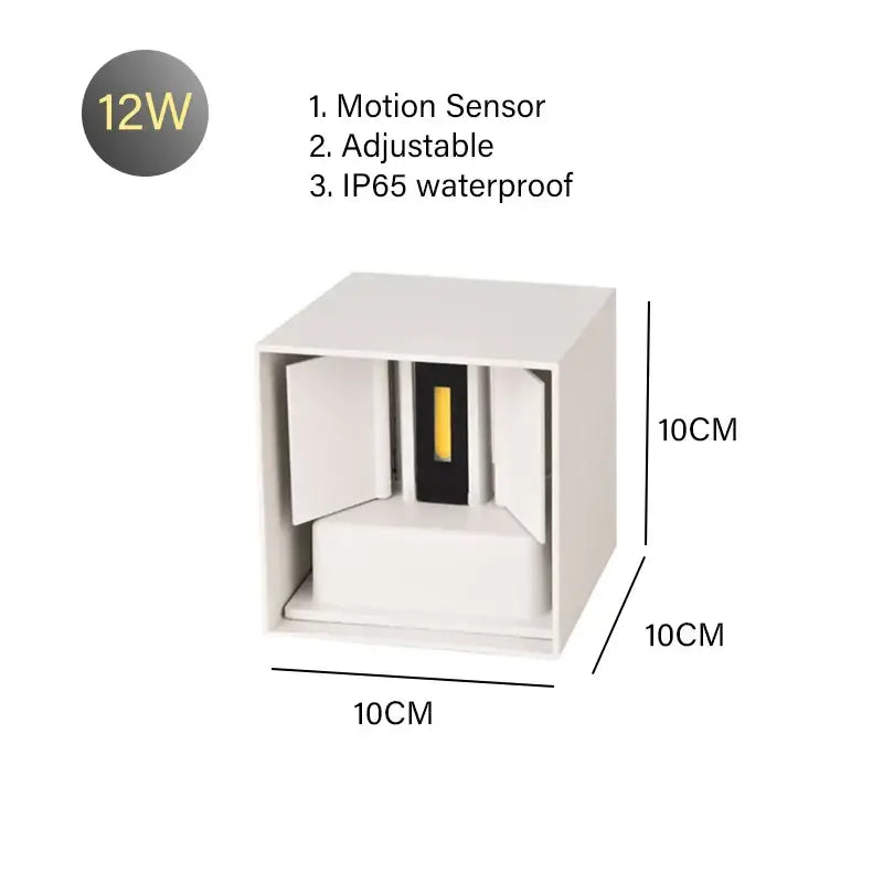 White 12w square motion sensor led wall lamp with adjustable angle and ip65 waterproof rating for outdoor use