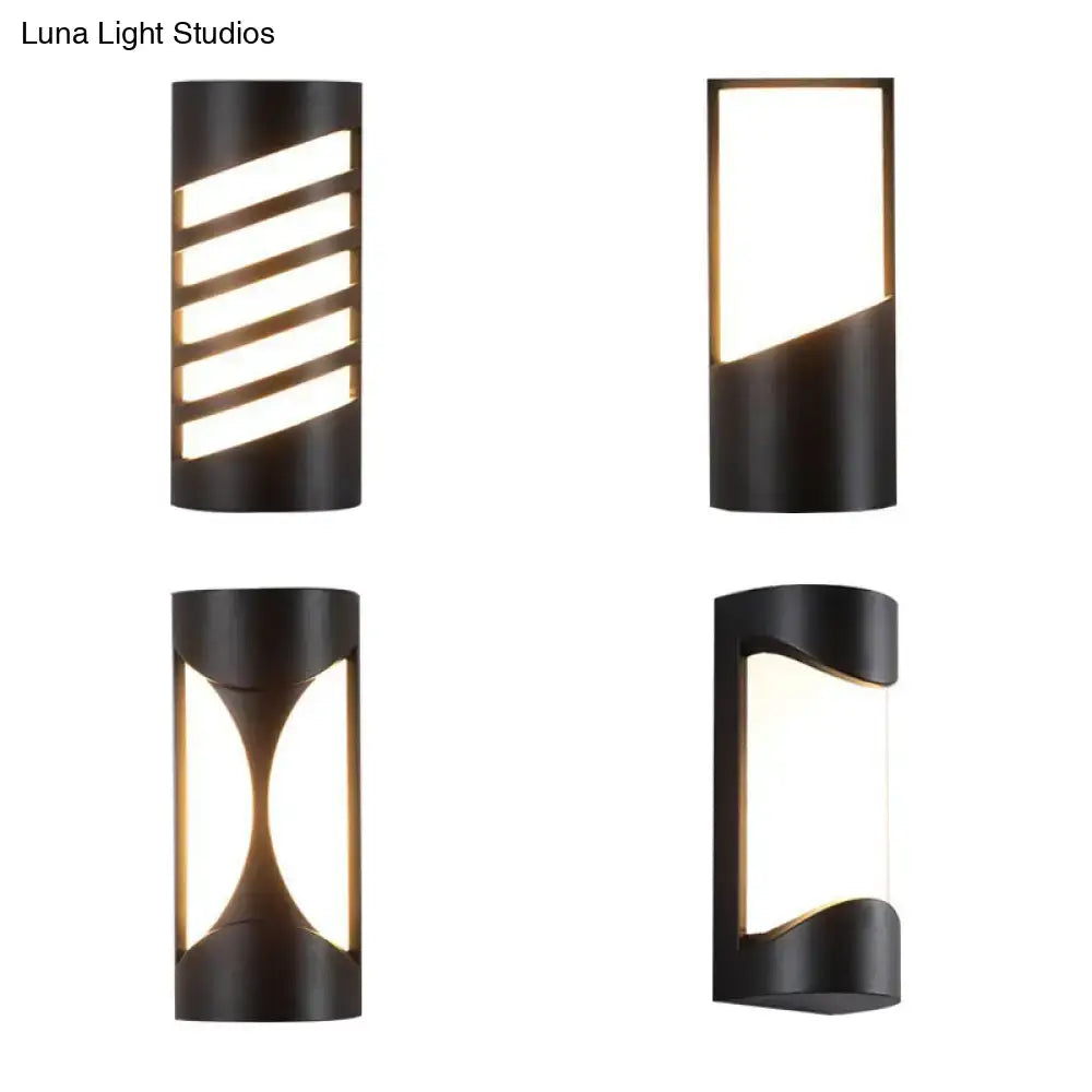 Modern black curved outdoor wall sconce with sleek geometric led light patterns for patio illumination