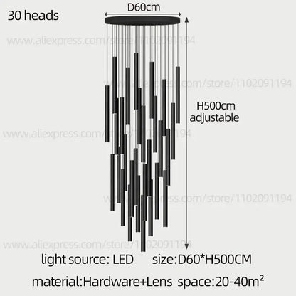 Modern black cylindrical led staircase chandelier with 30 hanging light heads by decorbites cylindrical led