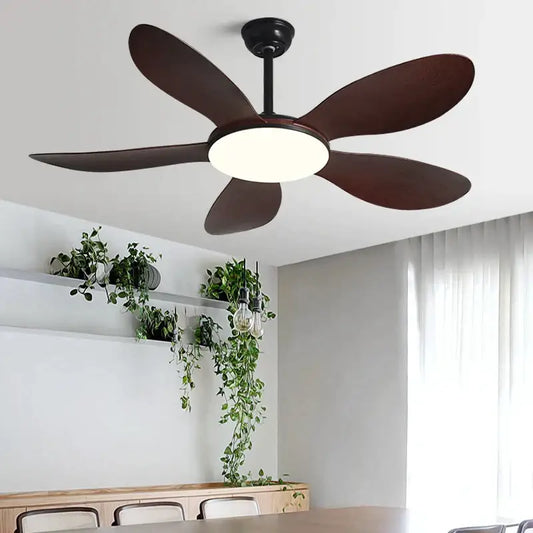 Modern black dc ceiling fan light with dark brown wooden blades and integrated circular light fixture for bedroom use
