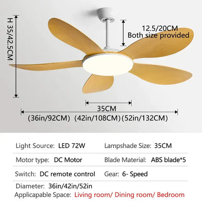 Modern black dc ceiling fan light with five light-brown wooden blades and integrated led lamp for bedroom use