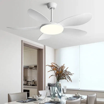 Modern black dc ceiling fan light featuring a white ceiling fan with five sleek blades and integrated circular light fixture