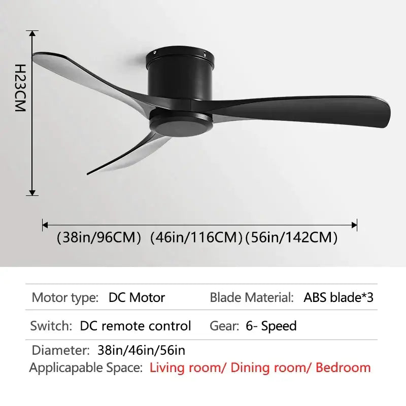 Modern black dc motor ceiling fan with remote control featuring three curved abs blades and cylindrical motor housing