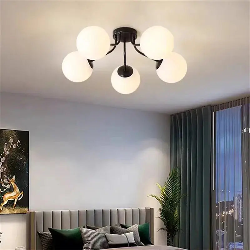 Modern black decorbites bubble glass ceiling light with five frosted white spherical glass globes for living room