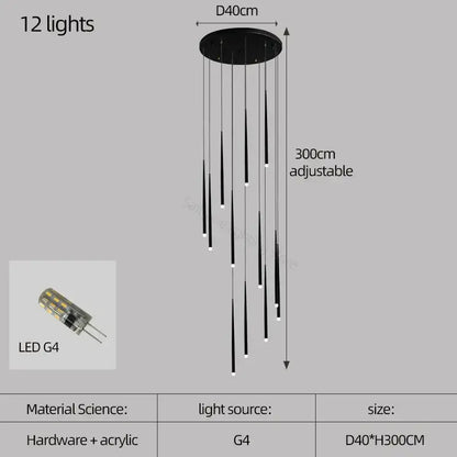 Modern black decorbites conical chandelier stair lamp with 12 adjustable led g4 bulbs and circular base lighting