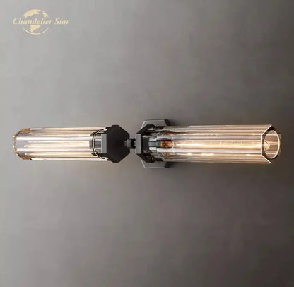 Modern black decorbites crystal hexagonal sconce with ribbed glass cylinders and filament bulbs for living room use